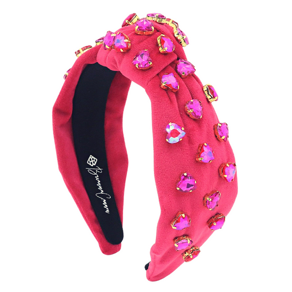 HOT PINK VELVET HEADBAND WITH HAND-SEWN HOT PINK CRYSTAL HEARTS