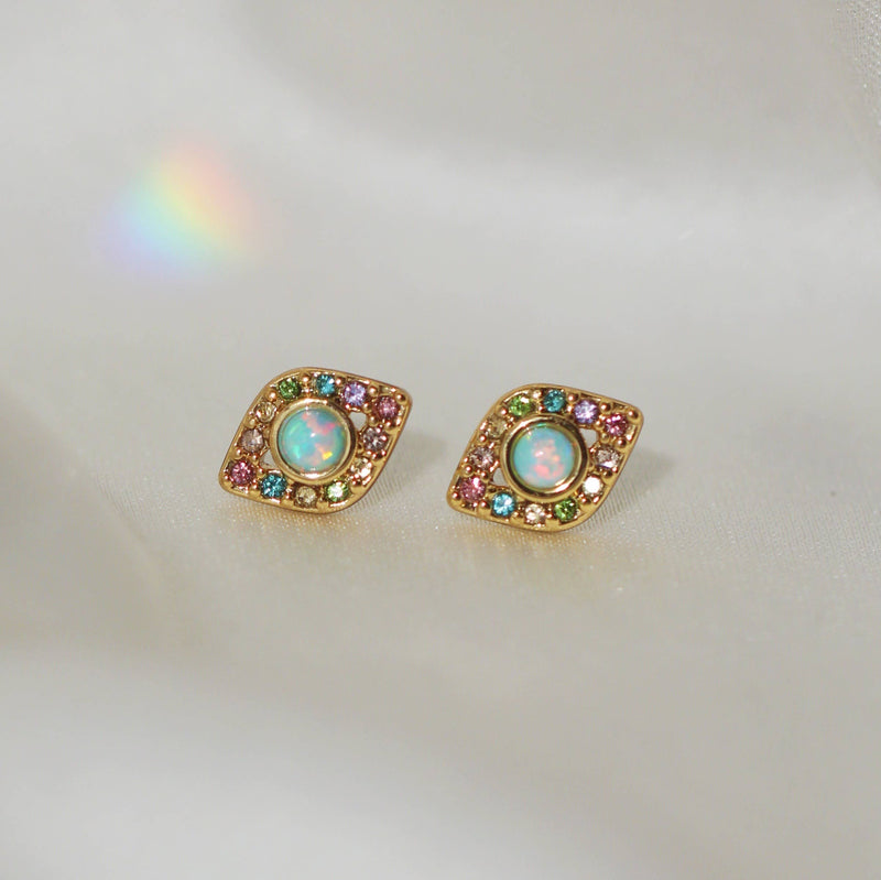 Evil Eye Stud Earrings, Opal & Pastel Pave