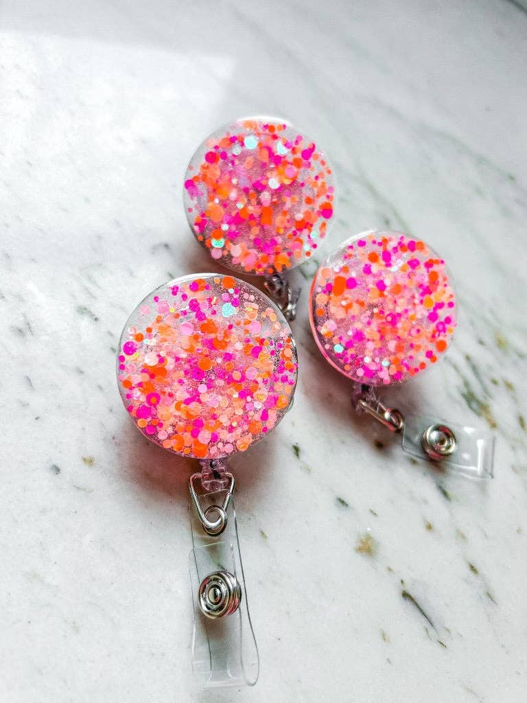 Glitter Badge Reel: Pink/Orange Confetti