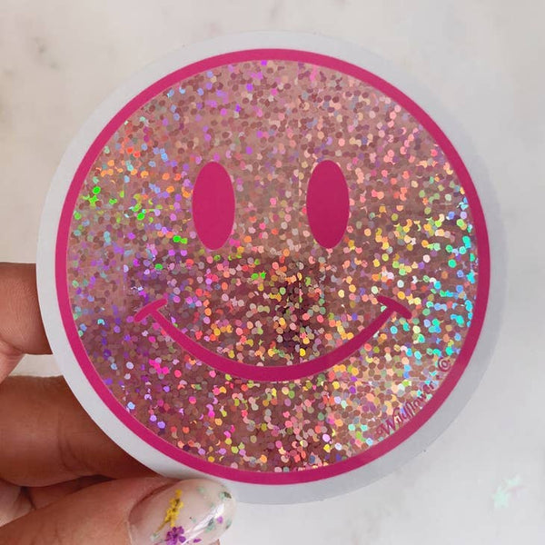 Smiley Face Glitter Holo Sticker, Pink