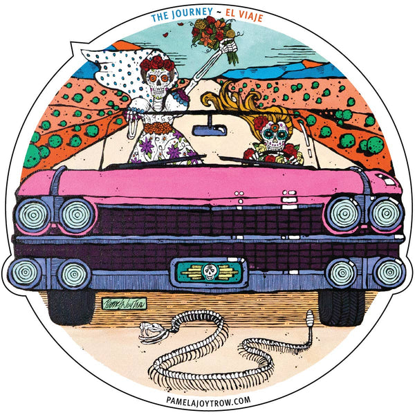 Day of the Dead Pink Cadillac Journey Vinyl Sticker 4" Round