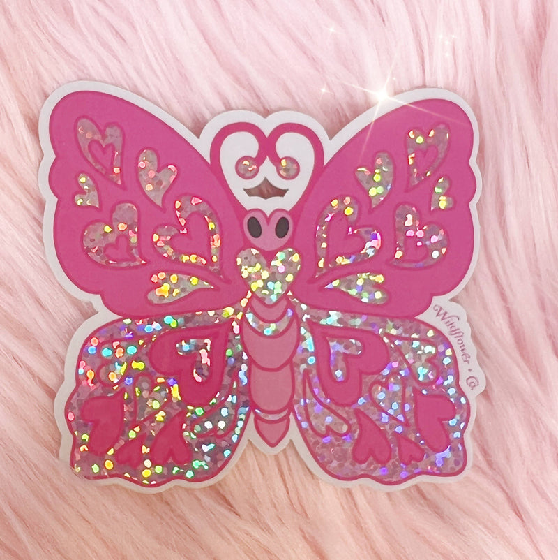 Heart Butterfly Sticker - Pink Holographic Glitter