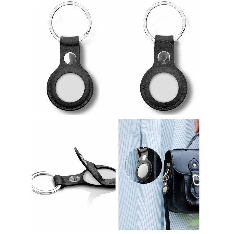 LEATHER KEY RING SHELL HOLDER CASE FOR AIRTAG - BLACK