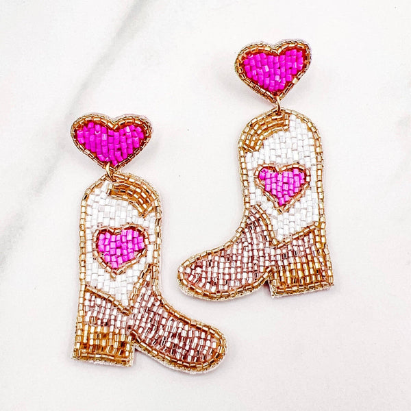 Pink Heart Boot Beaded Earrings